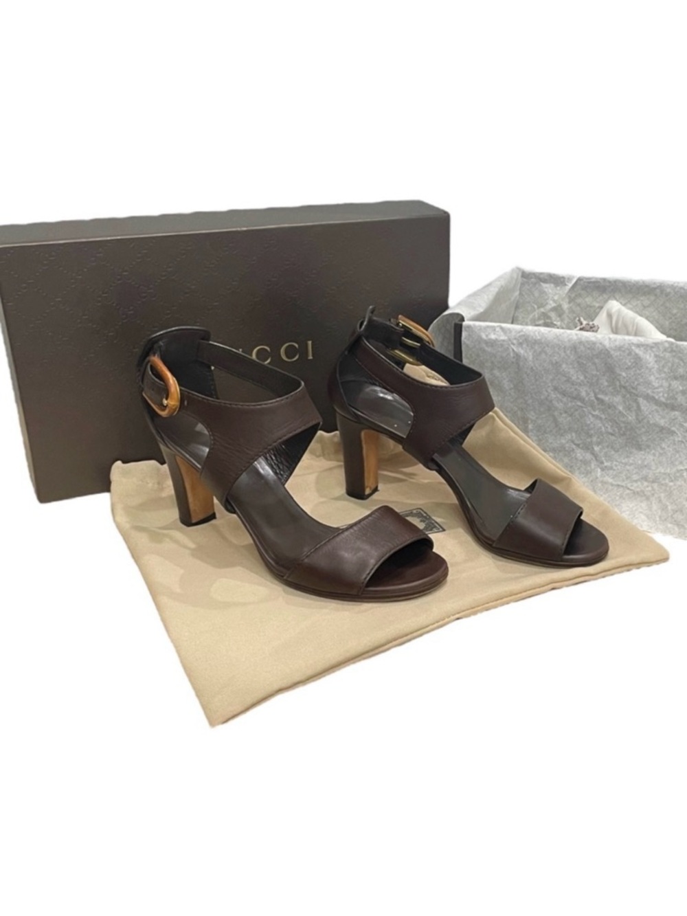 GUCCI Lifford Bamboo Buckel Brown Leather Heel Sandal EU 40